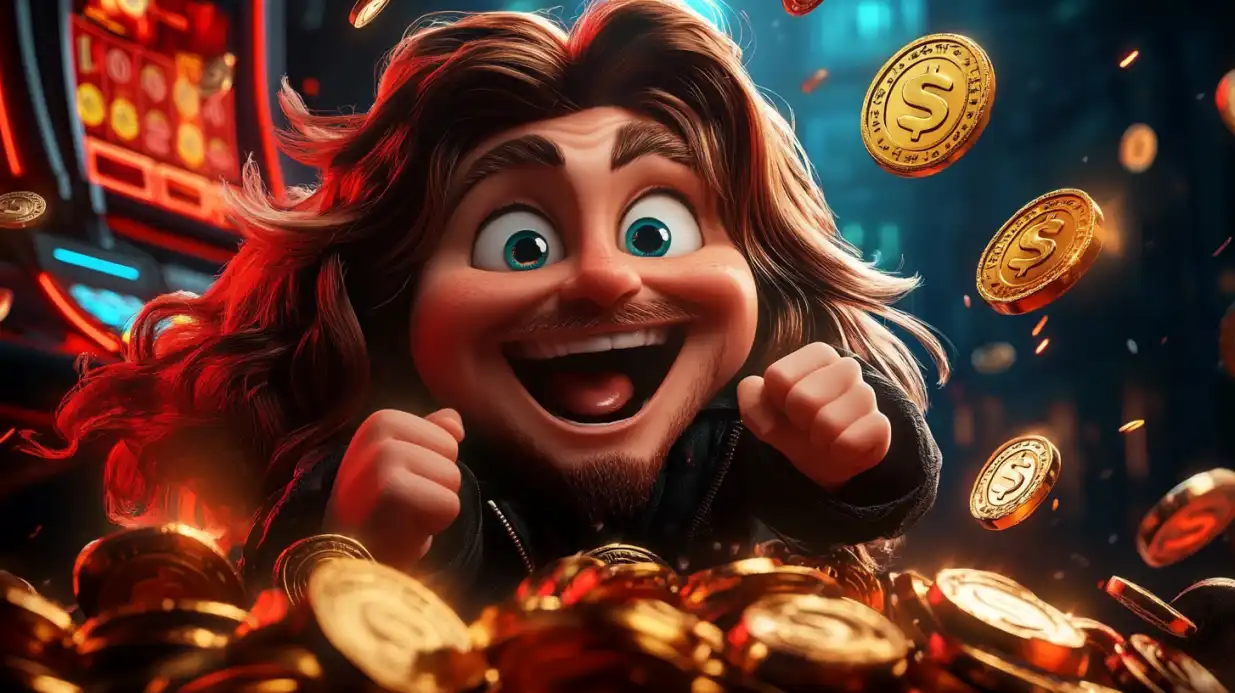 Extremely excited man with long hair celebrating big casino win surrounded by flying golden coins