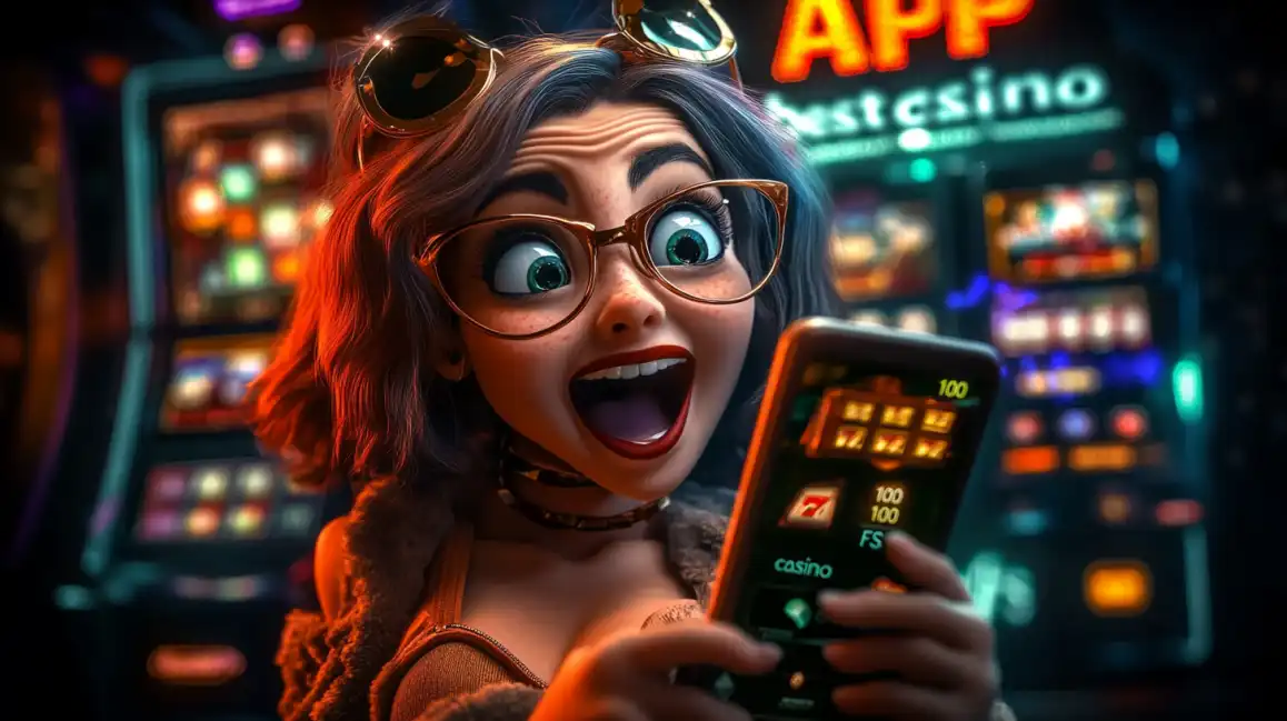 Enthusiastic woman with glasses celebrating mobile casino app win with APP casino sign in background