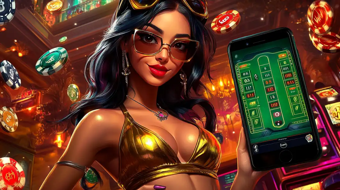 Sophisticated woman with glasses holding smartphone showing roulette game surrounded by floating casino chips
