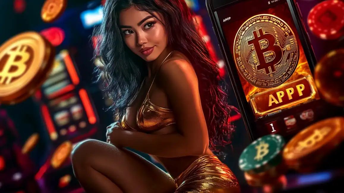Elegant woman holding smartphone with Bitcoin app display surrounded by cryptocurrency symbols