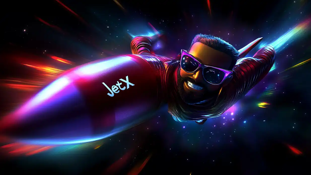 Futuristic character with sunglasses and JetX branding in vibrant neon space environment with colorful light streaks