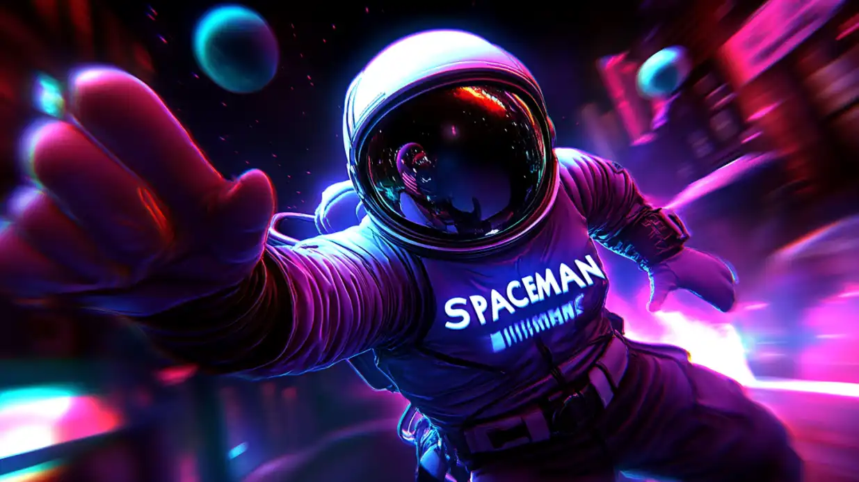 Astronaut in space suit with SPACEMAN text floating in colorful cosmic environment with planets and nebula