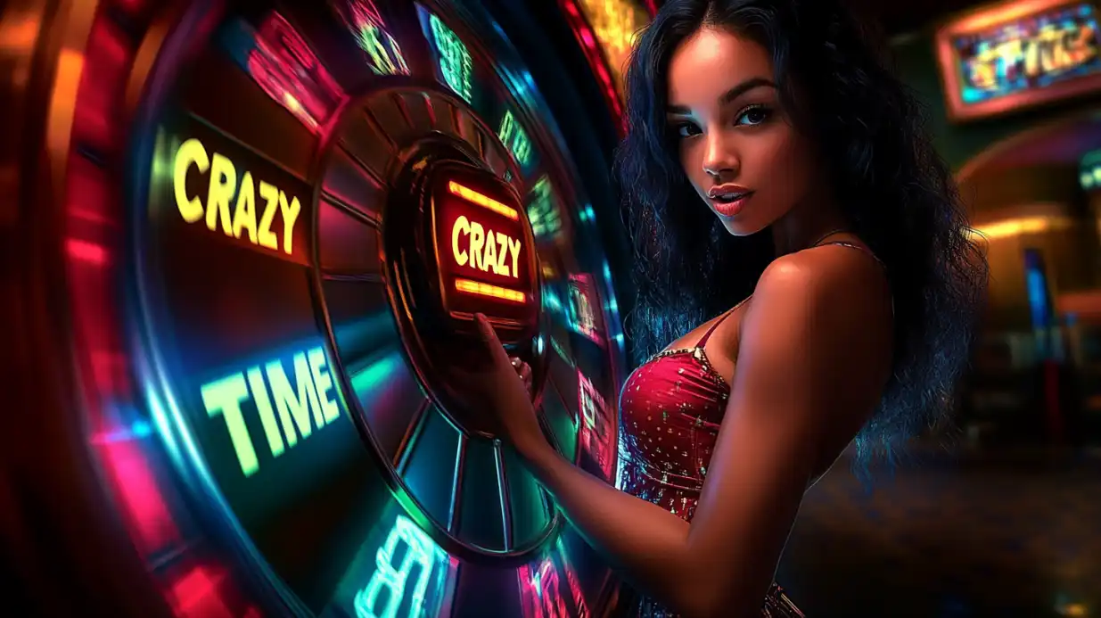Elegant woman in red dress next to Crazy Time casino wheel game in atmospheric neon lighting
