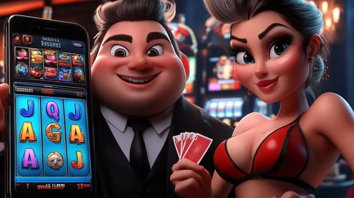 Happy couple playing casino games with slot machine and cards in colorful gaming environment