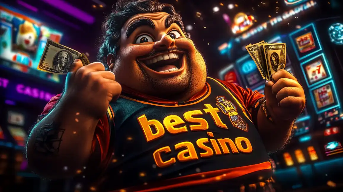Excited man celebrating casino win holding money and cards with 'best casino' shirt