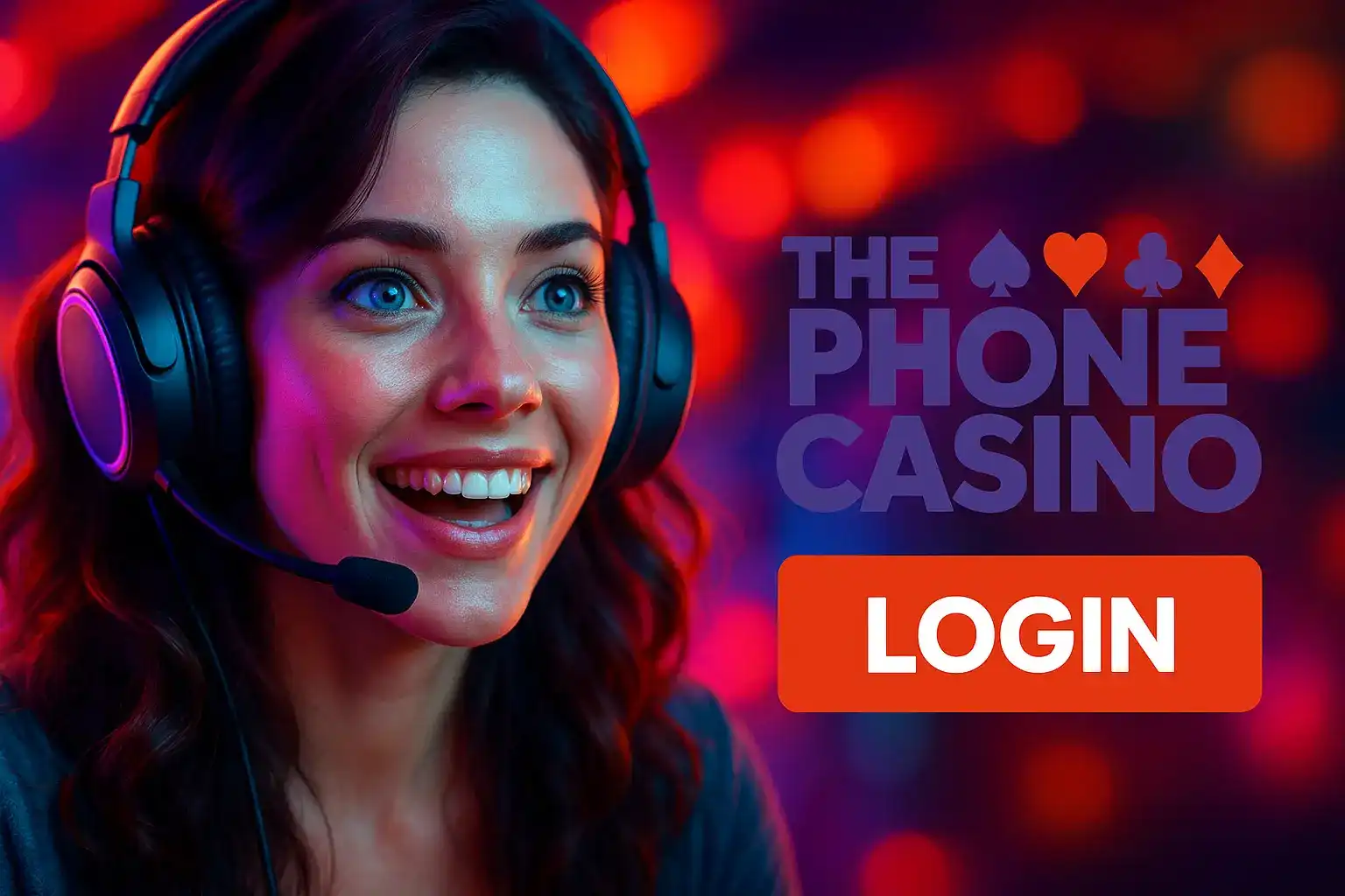 Friendly customer service representative with gaming headset and colorful neon lighting for Phone Casino login support