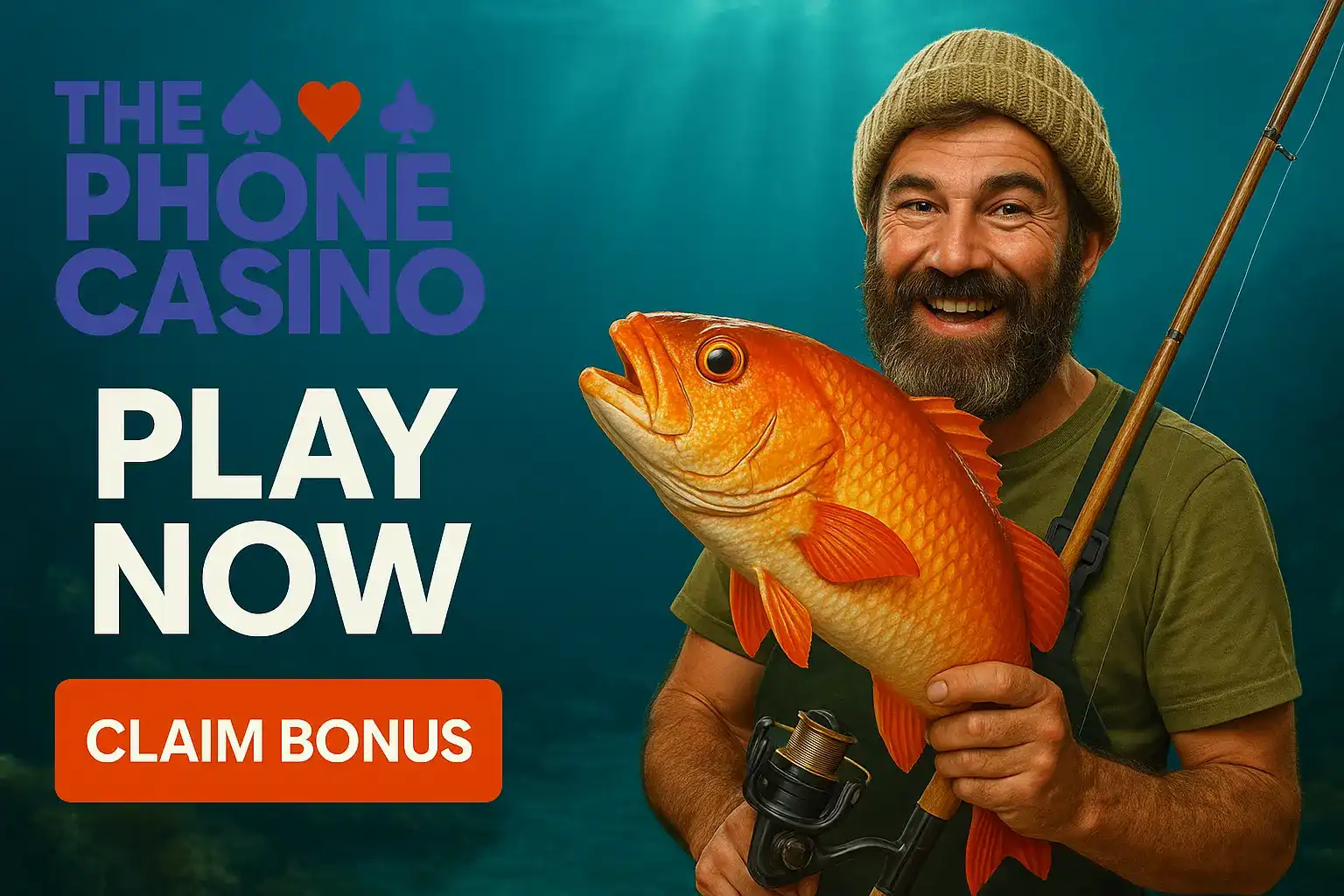 Happy fisherman with beard holding large orange fish and fishing rod promoting Phone Casino bonus offer with claim button