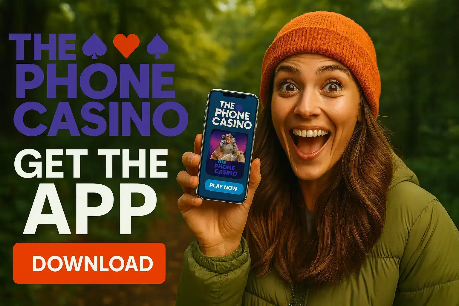 Excited woman in orange beanie holding smartphone displaying Phone Casino mobile app with download call-to-action button