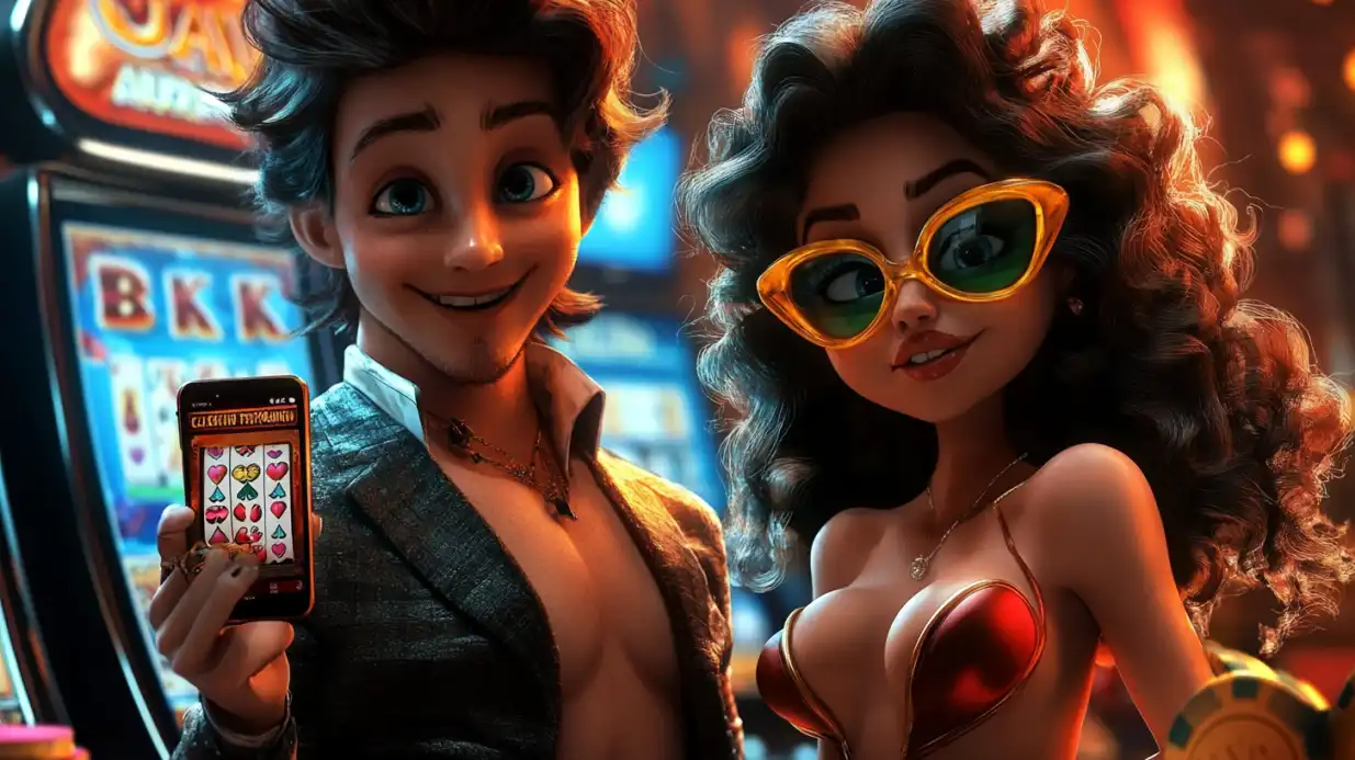Animated couple playing mobile casino games with slot machine app in vibrant casino environment
