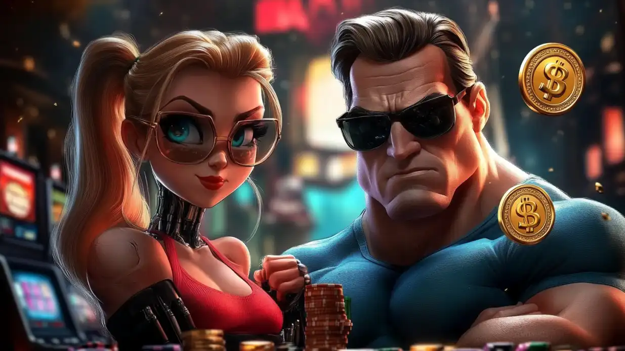 Stylish casino couple with sunglasses holding poker chips and dollar coins in gaming atmosphere