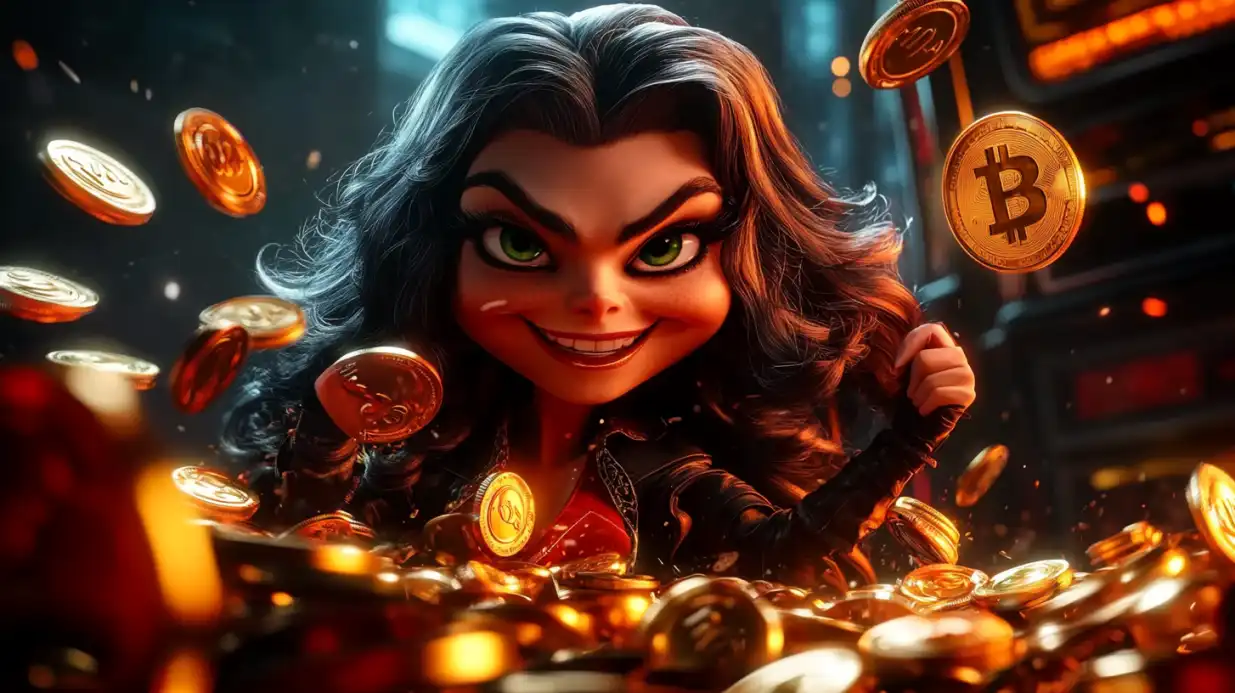 Playful woman with mischievous smile surrounded by flying Bitcoin and cryptocurrency coins