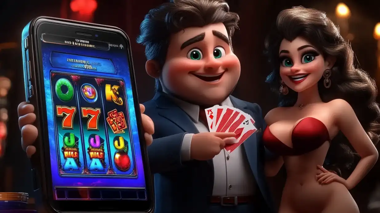 Cartoon couple with man holding playing cards and woman showing mobile slot machine game
