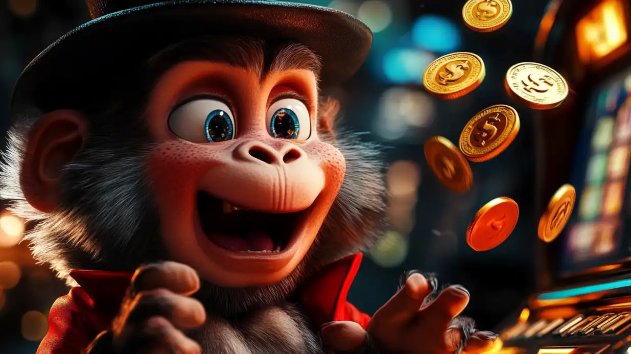 Animated monkey character with hat catching falling golden coins in casino atmosphere