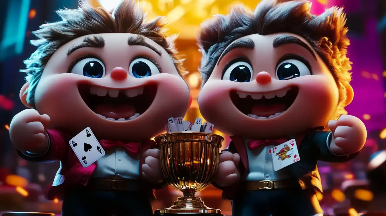 Two cheerful cartoon characters celebrating with playing cards and golden trophy in casino setting