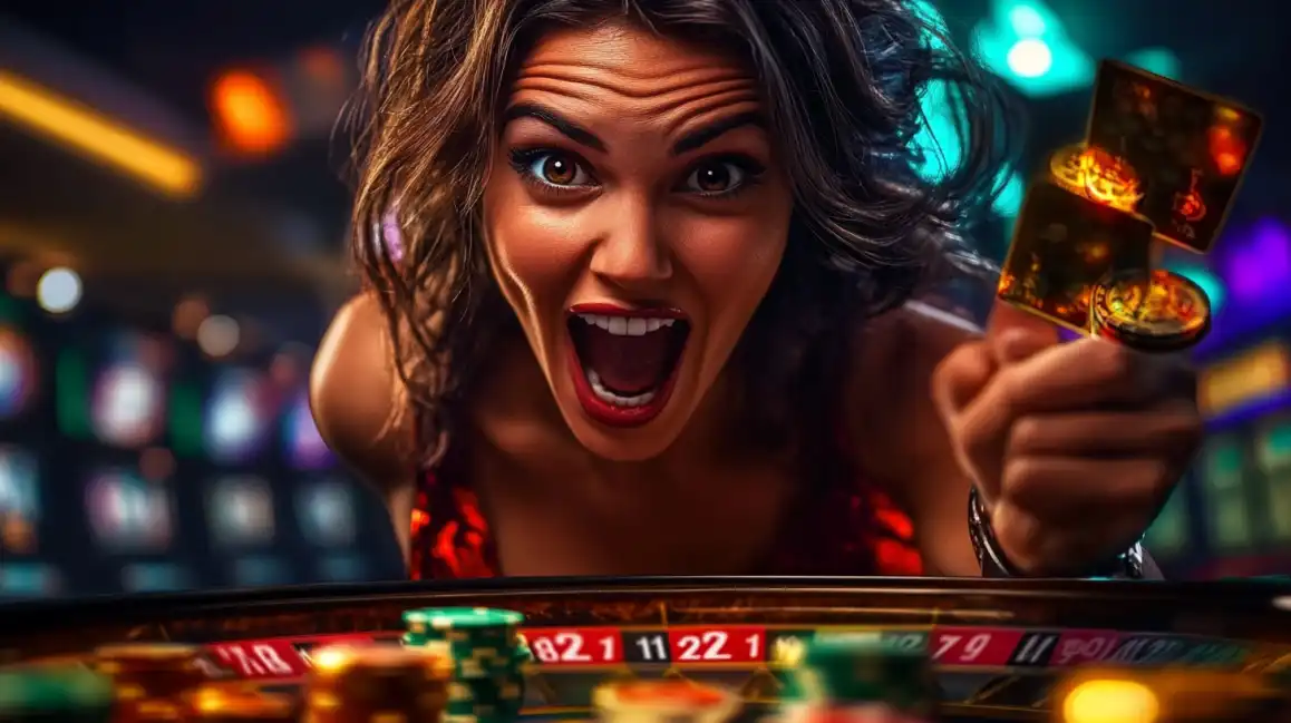 Excited woman holding smartphone with casino app while playing roulette with visible betting numbers