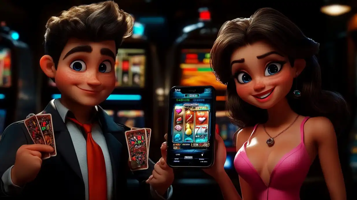 Cartoon couple playing mobile slot games with man holding cards and woman showing smartphone