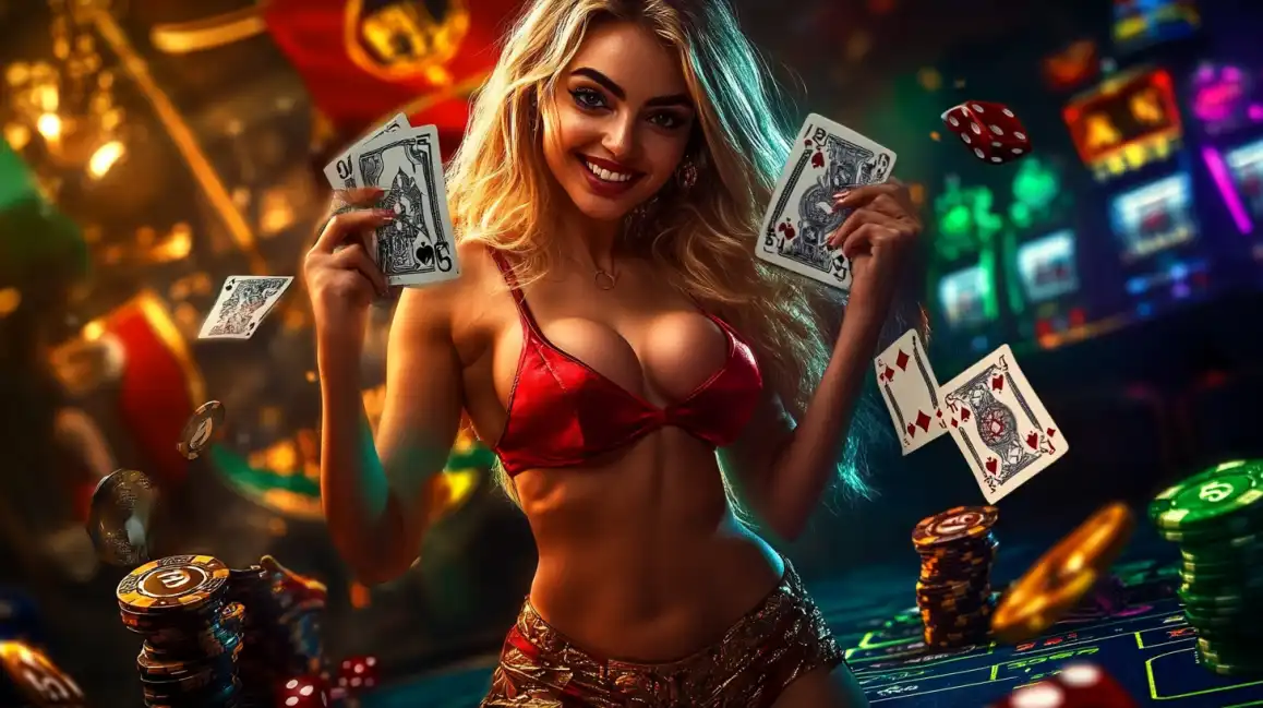 Confident blonde woman in red bikini holding poker cards with casino chips and dice in background