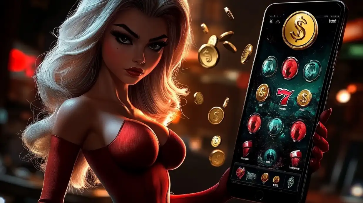 Glamorous platinum blonde woman in red dress holding smartphone with slot machine game and golden coins
