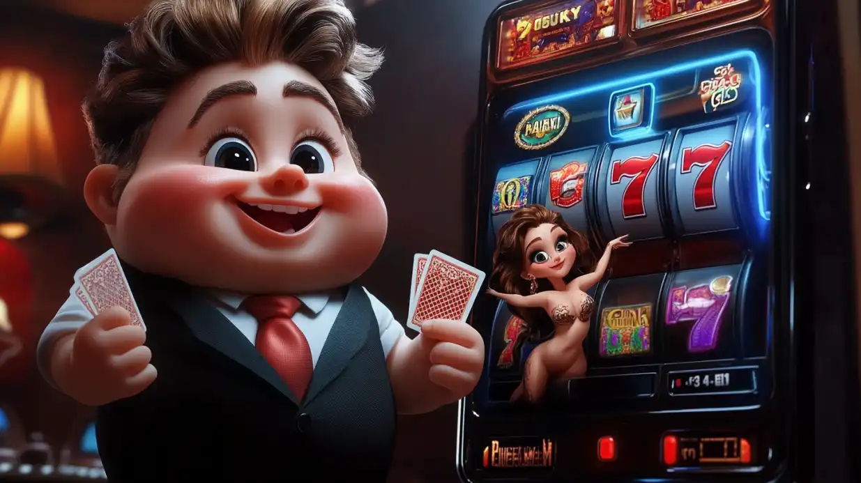 Animated casino characters with man holding cards and woman at slot machine showing lucky sevens