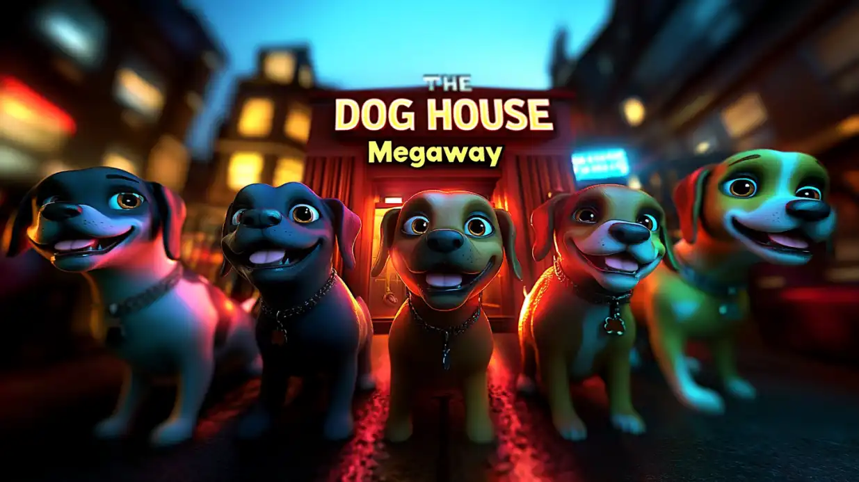 Five animated dog characters lined up in front of The Dog House Megaways casino game entrance