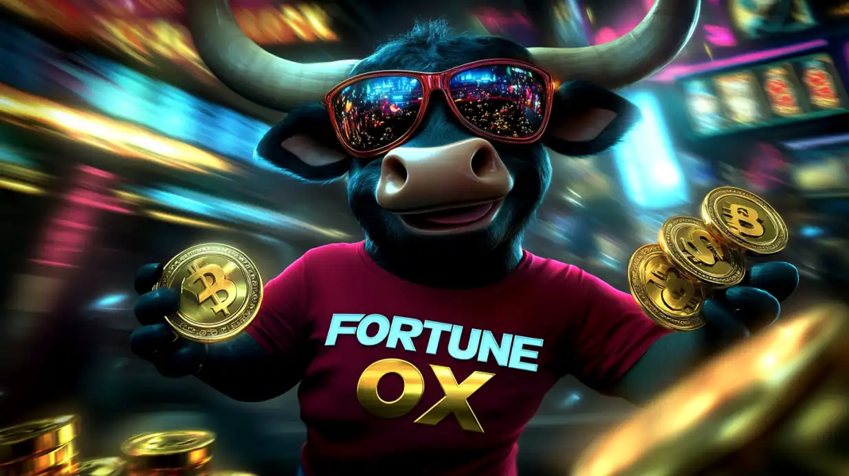 Cool bull character wearing sunglasses with Fortune OX shirt holding Bitcoin and cryptocurrency coins