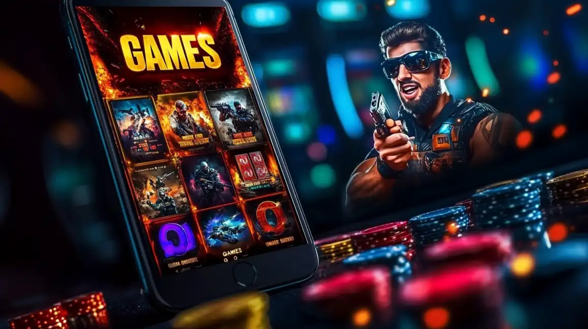 Excited man with sunglasses playing casino games on smartphone with game selection visible on screen