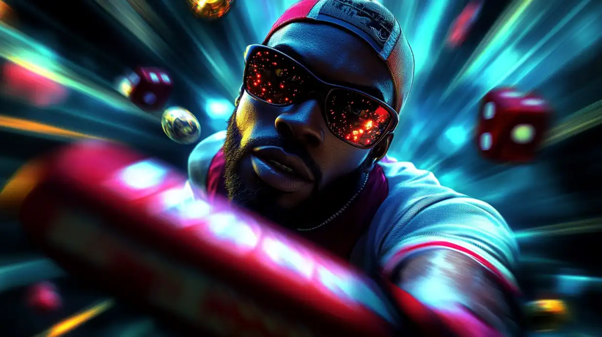 Futuristic cyberpunk man with LED sunglasses and cap in dynamic neon lighting with casino dice in background