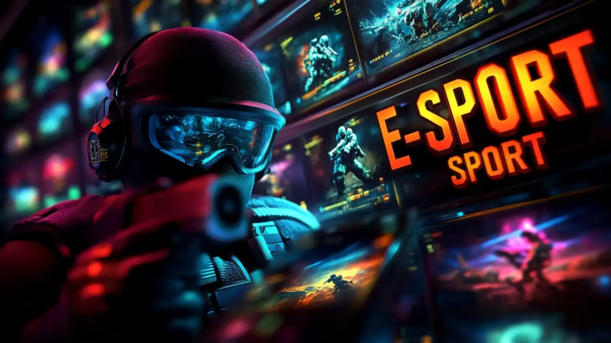 Professional esports player with VR headset and gaming setup with E-SPORT text display