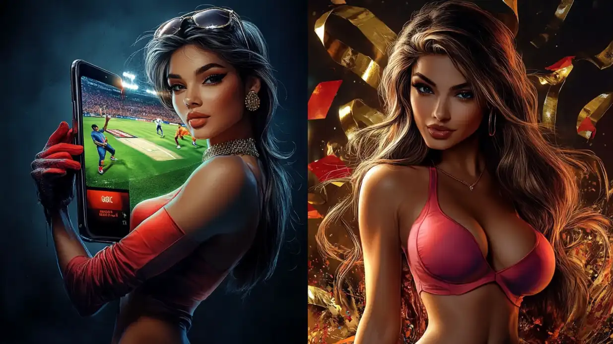 Two glamorous women with sports betting tablet and casino elements in atmospheric lighting