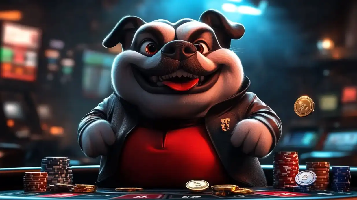 Tough bulldog character in suit at poker table surrounded by casino chips and coins