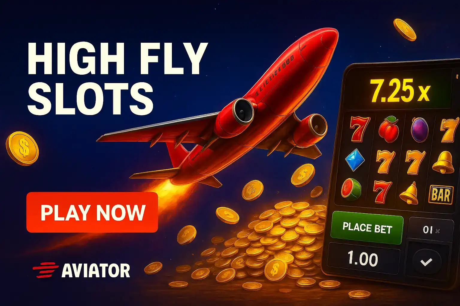 Dynamic aviator slot game with red airplane soaring through night sky, showing 7.25x multiplier and golden coins with play now button