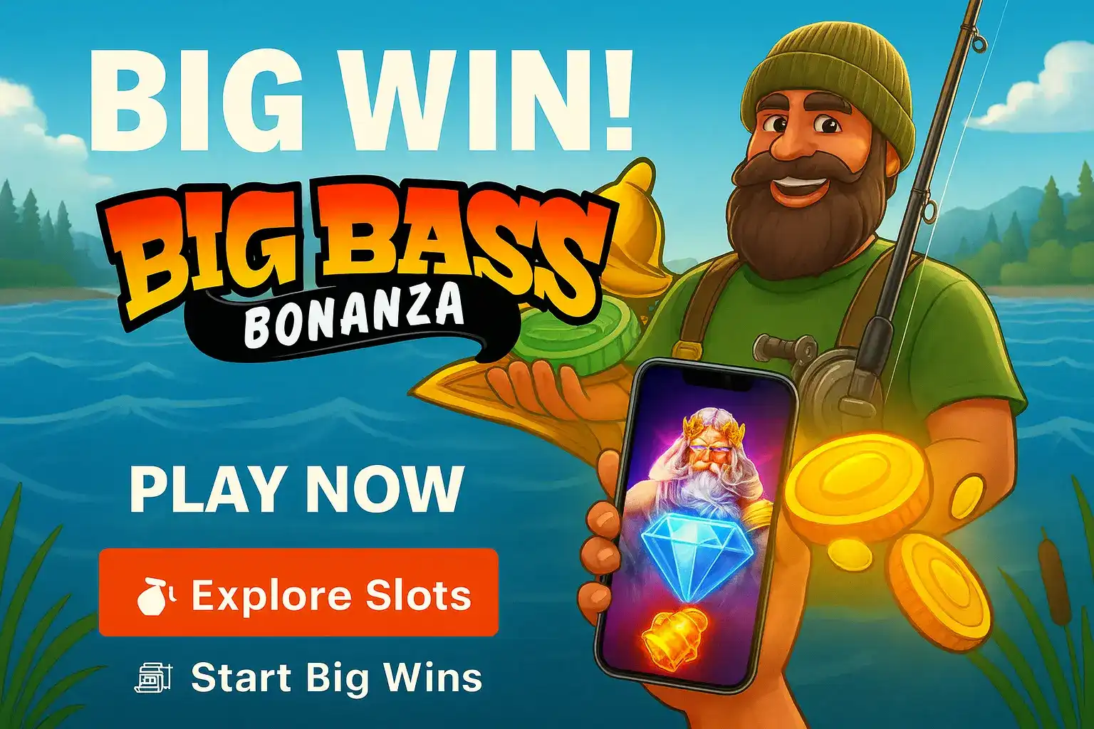 Happy fisherman in green beanie holding large fish with smartphone showing Big Bass Bonanza slot game in scenic lake setting