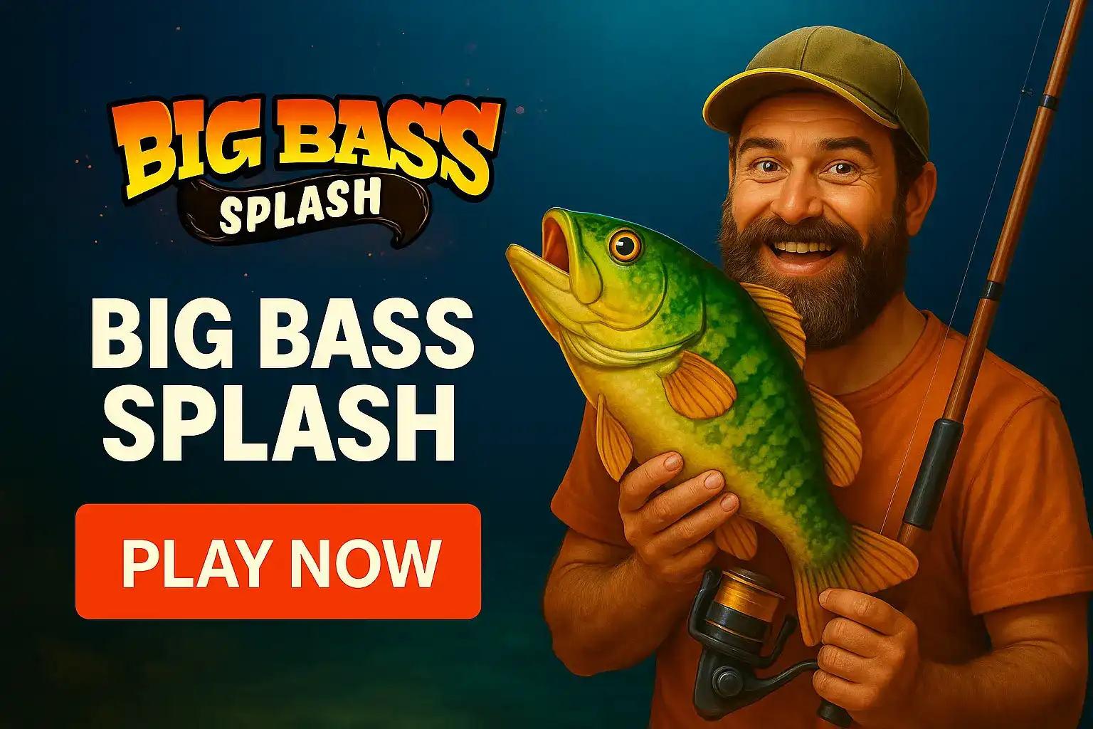Smiling fisherman in cap holding green bass fish with fishing rod promoting Big Bass Splash casino slot game