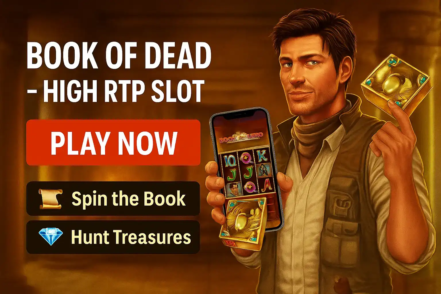 Archaeological explorer in adventure gear holding smartphone with Book of Dead slot game and golden treasure book artifact