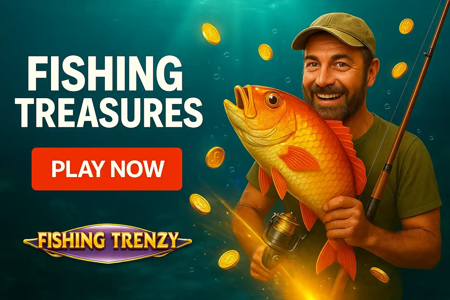 Happy fisherman with beard holding large golden fish with fishing rod surrounded by floating coins and treasure elements
