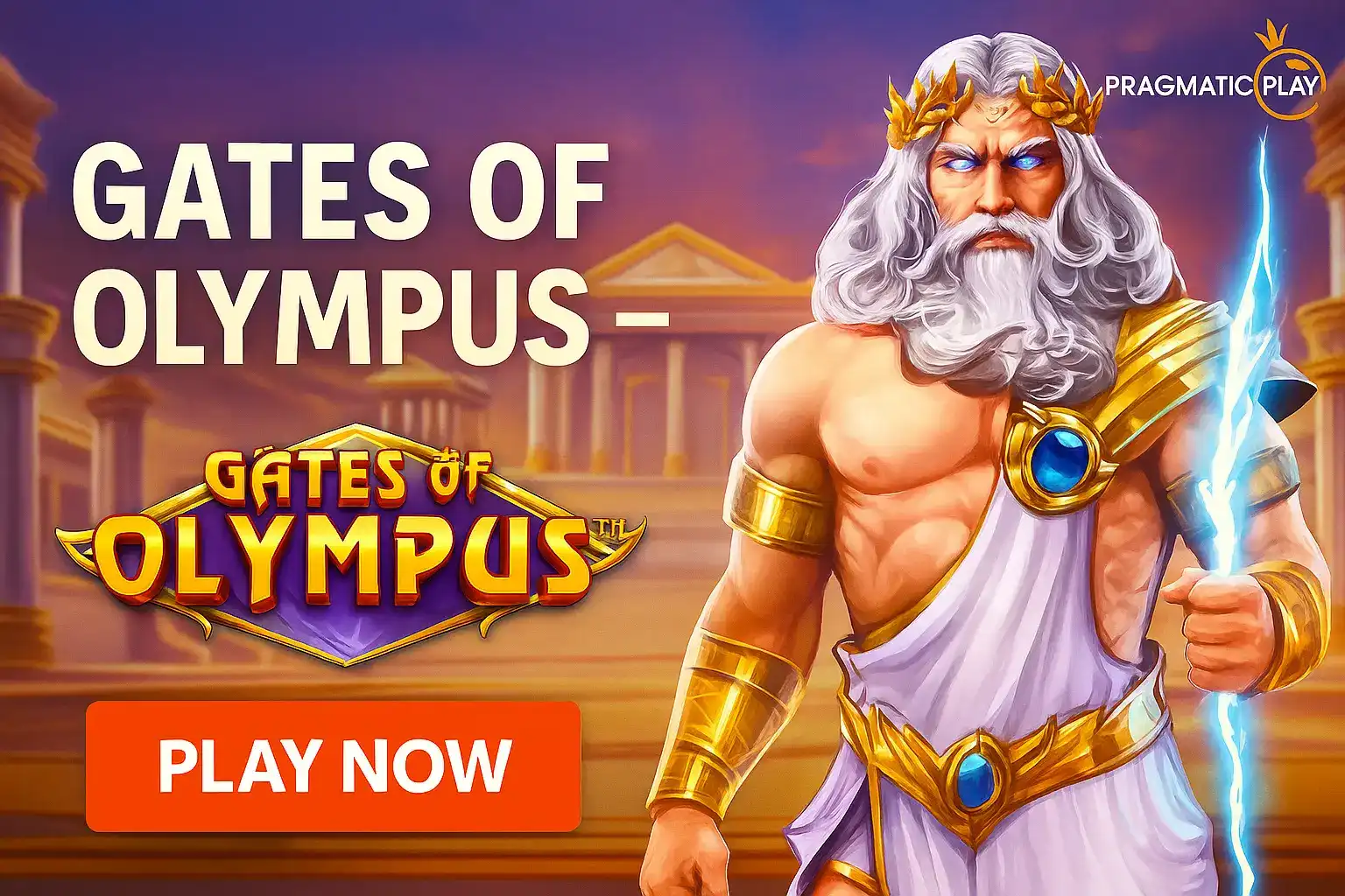 Mighty Zeus god character with white beard, golden crown and lightning sword promoting Gates of Olympus slot by Pragmatic Play