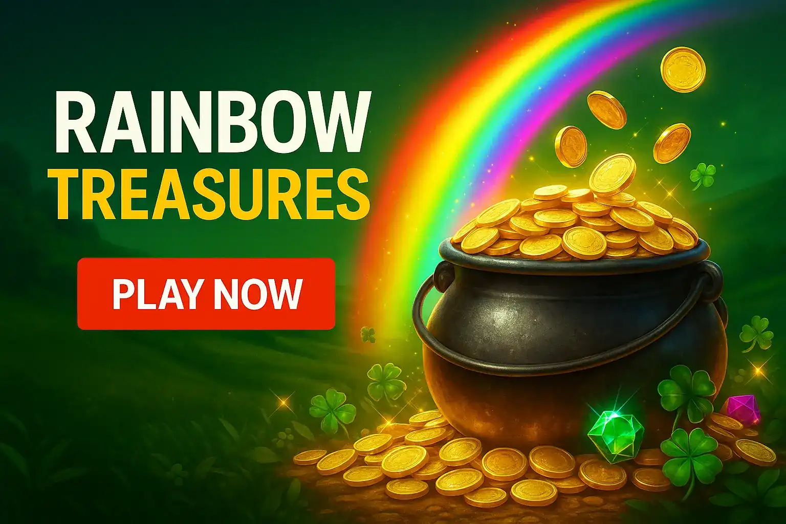 Magical pot of gold filled with coins under vibrant rainbow with shamrocks and gems for Irish-themed casino slot game