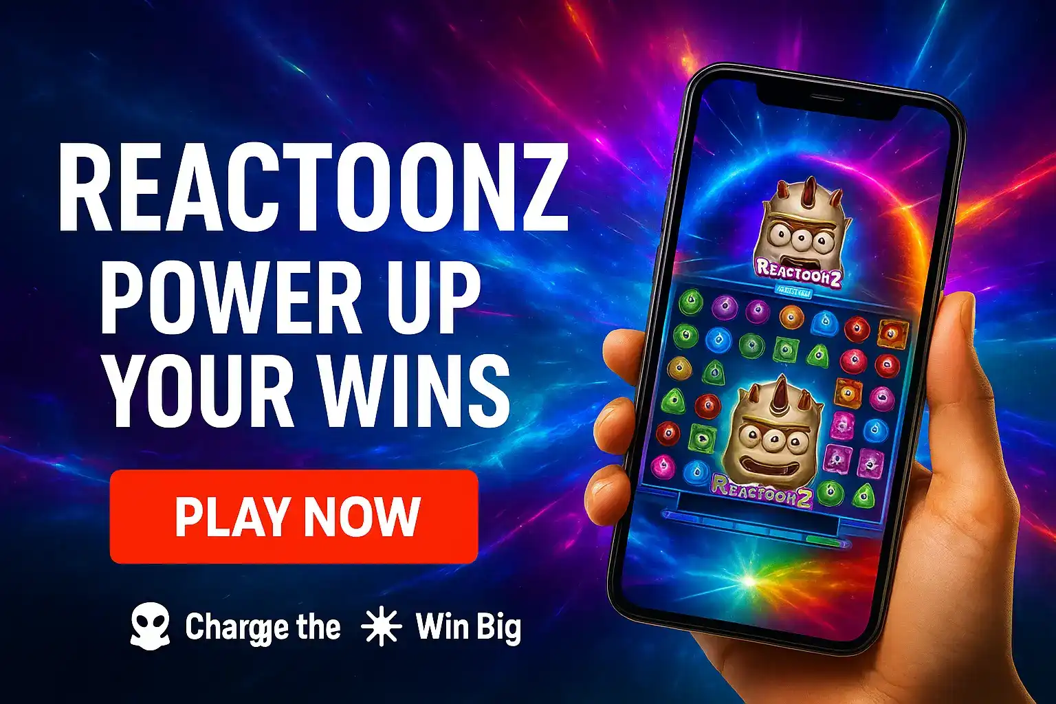 Hand holding smartphone displaying colorful Reactoonz slot game with alien characters and power-up features in cosmic setting