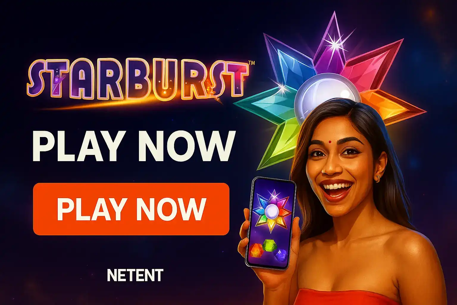 Joyful woman holding smartphone showing Starburst slot game with iconic colorful star burst symbol by NetEnt developer