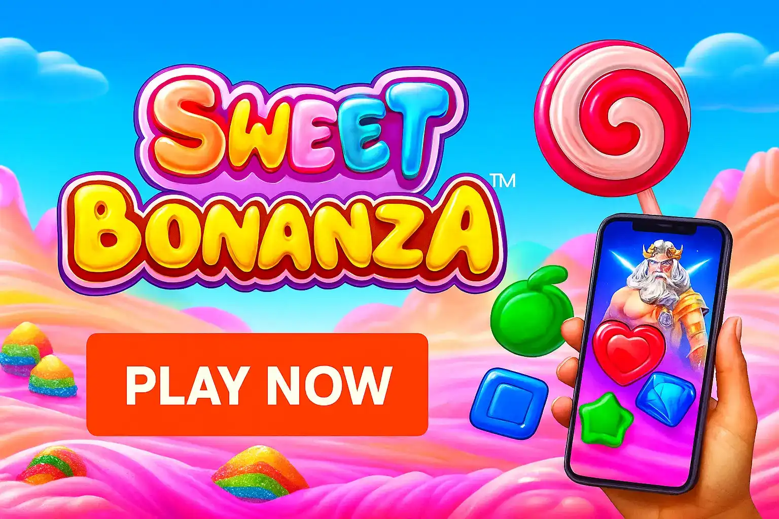 Hand holding smartphone with Sweet Bonanza candy slot game in colorful fantasy landscape with lollipops and sweet treats