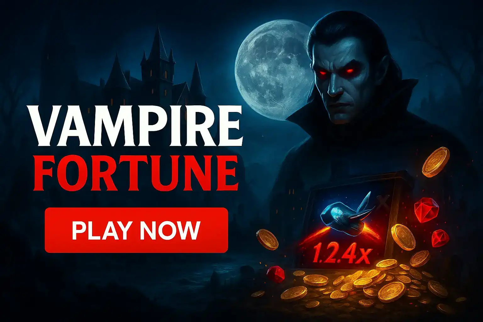 Menacing vampire character with red eyes in dark castle setting with full moon and 12.4x multiplier casino slot promotion
