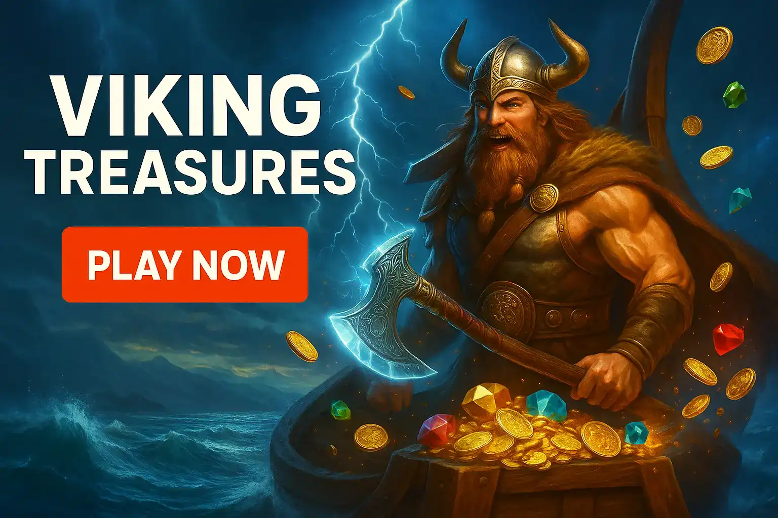 Fierce Viking warrior with horned helmet and battle axe surrounded by gold coins and gems in stormy maritime setting
